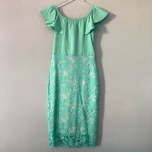 Boutique | teal off the shoulder lace dress